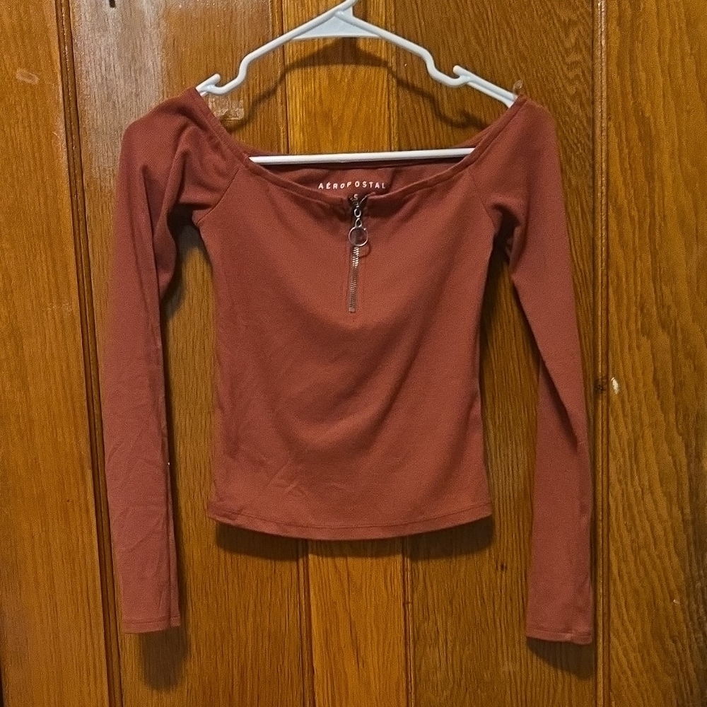 Aeropostale Women's Terracotta Zip Front Blouse - Off Shoulder